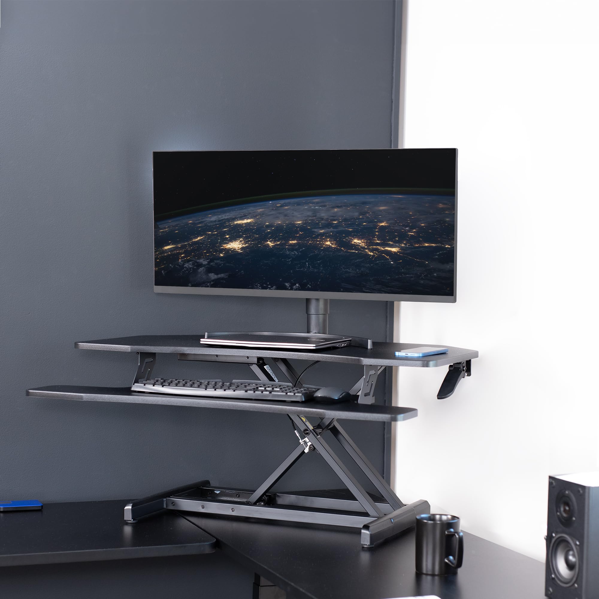 VIVO 94cm Adjustable Standing Desk Converter - Quick Sit to Stand Workstation with Dual Monitor Riser, Ergonomic Height Adjustable Desktop (DESK-V037MC) - Perfect for Home Office, Gaming Setup & Workspace Productivity