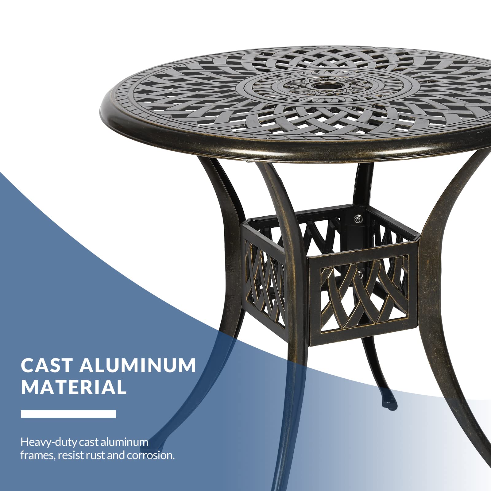31 Inch Round Outdoor Dining Table - Bronze Cast Aluminum Patio Bistro Table with Umbrella Hole - Rustic Large Table for Backyard, Garden & Poolside Gatherings