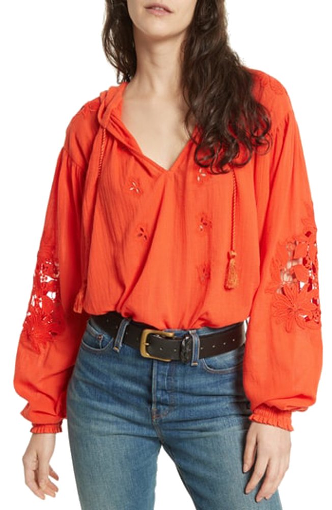 Free People Women's Hooded Crochet Trim Peasant Top - Orange XS | Boho Chic Blouse for Casual Wear, Music Festivals & Beach Outfits