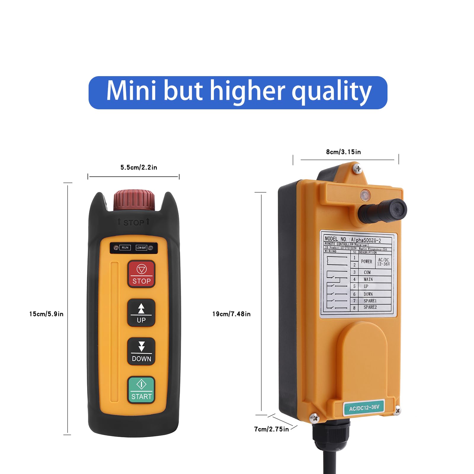 Mini Wireless Electric Chain Hoist Remote Control - 2-Button 110V AC Industrial Winch Lift for Dump Trailers & Truck Cranes with Emergency Stop | Transmitter & Receiver Set | Perfect for Construction, Warehousing, and Heavy Equipment Operations
