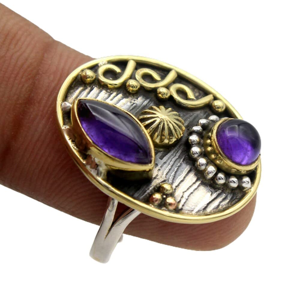 925 Sterling Silver Amethyst Rings for Women | Purple Bridesmaid Jewelry | Round & Marquise Cut Gemstone Rings | Vintage Bezel Set Handmade Rings | Perfect for Weddings, Parties & Everyday Elegance