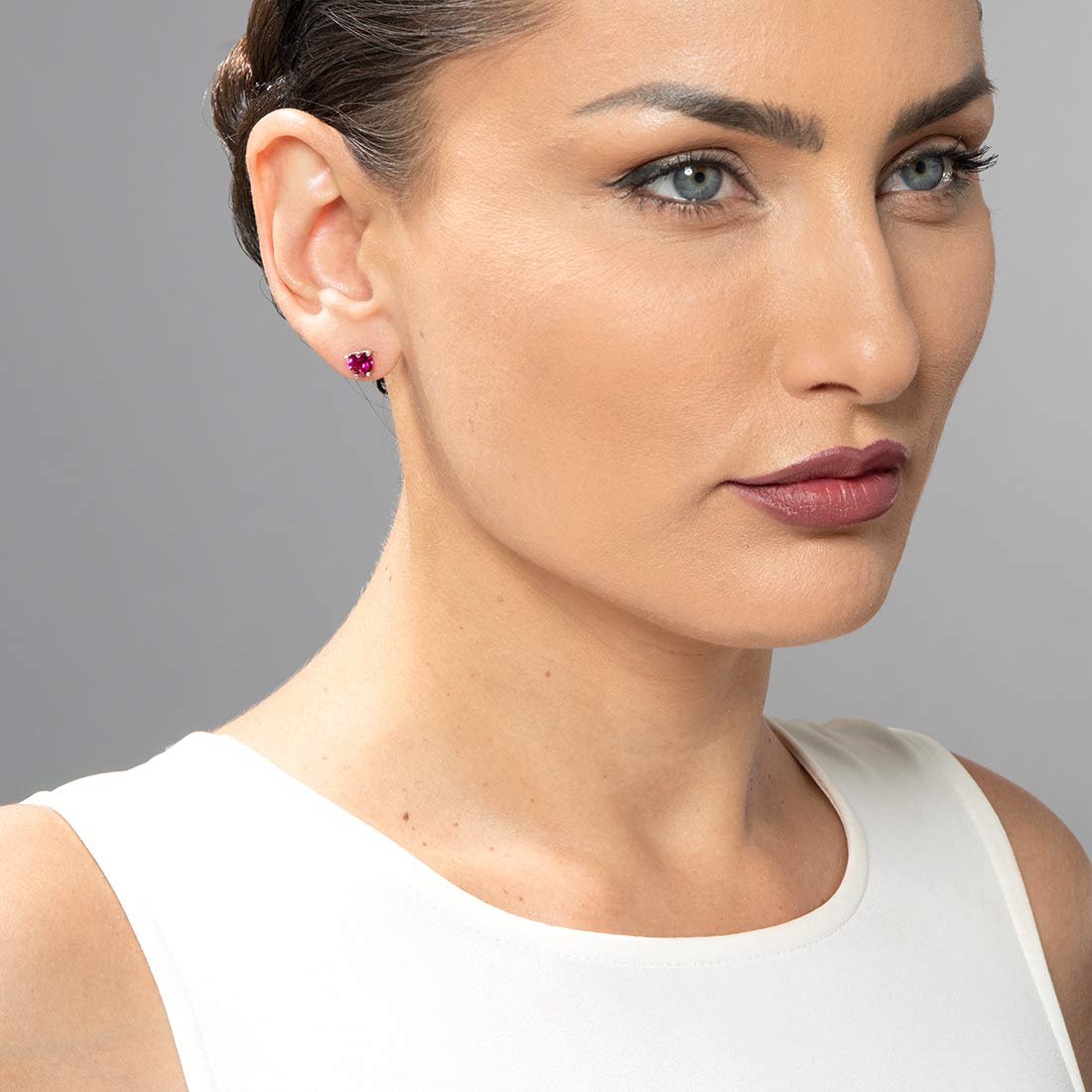 Peora 14K White Gold Lab-Created Ruby Heart Stud Earrings for Women - 6mm (2ct Total) Classic Solitaire Studs with Secure Friction Back - July Birthstone Jewelry for Anniversary, Valentine's Day & Special Occasion Gifts