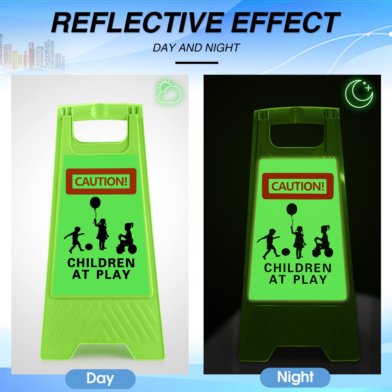 2 Pack Double-Sided 24 Inch Reflective Slow Down Kids at Play Signs - Portable Handle Safety Warning Boards for Streets, Neighborhoods, Schools & Parks - High Visibility Green for Day & Night Use - Perfect for Sidewalks, Driveways & Residential Areas