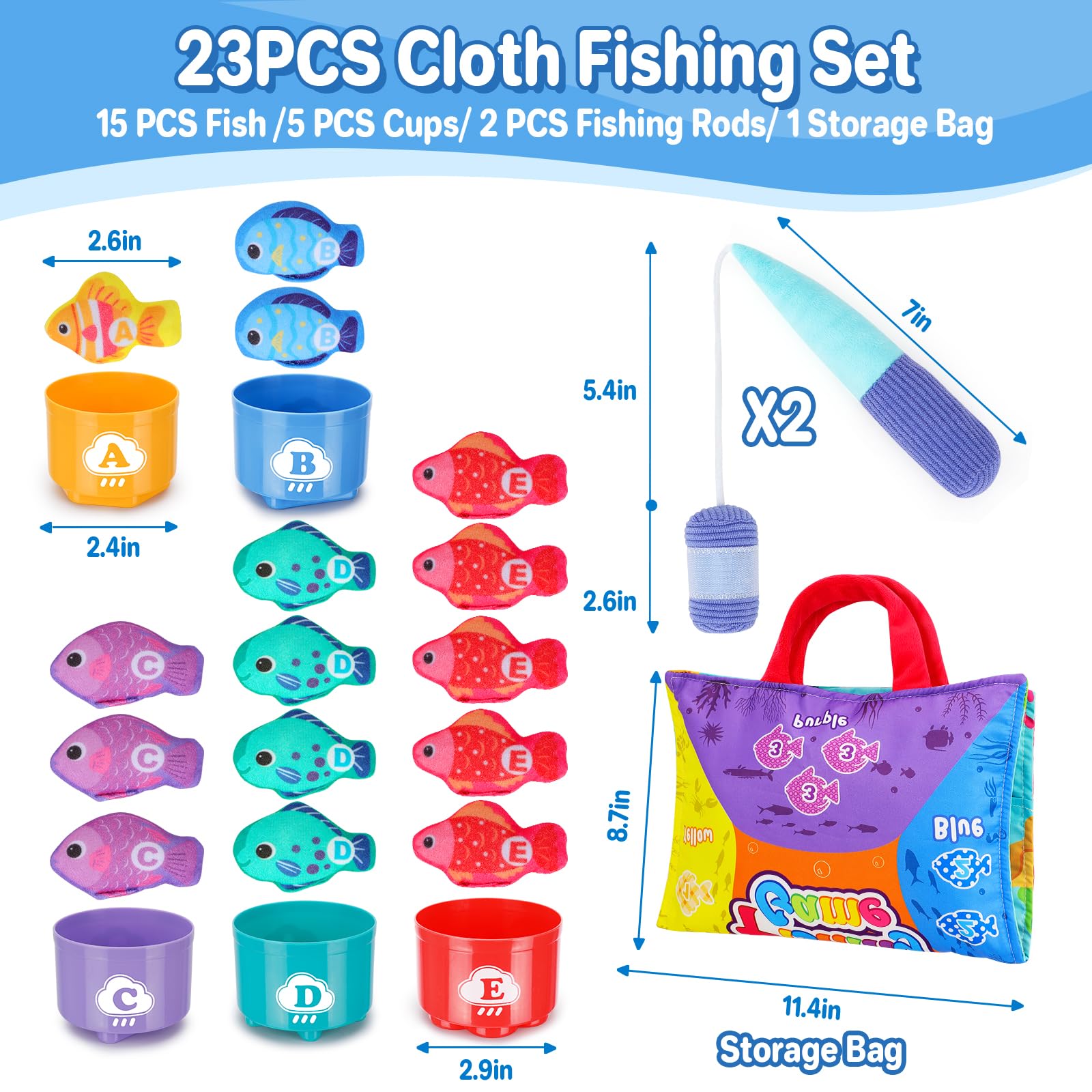 Montessori Toys for 1-2 Year Olds - 23pcs Cloth Fishing Game with Stacking Cups | Learning & Sorting Toys for Toddlers | Perfect Birthday Gift for Babies