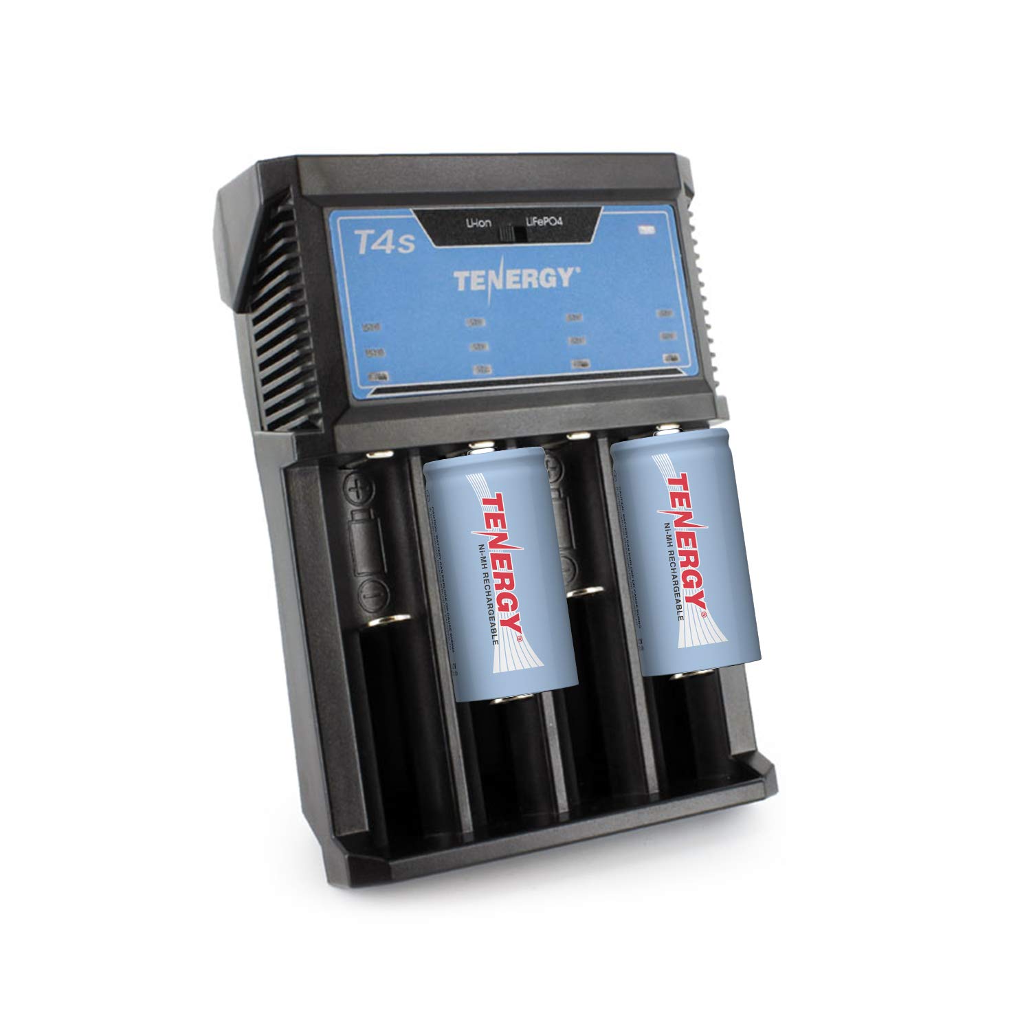 Tenergy Rechargeable NiMH C Batteries (2-Pack) & Universal T4s Battery Charger for Li-ion/NiMH/NiCd AA/AAA/C/18650 - Includes Car Adapter | Perfect for Flashlights, Toys, Cameras & Emergency Kits