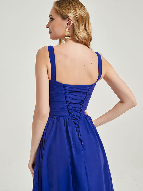 Elegant Blush Wide Straps Sleeveless V-Neck Pleated Flowy Bridesmaid Dress for Weddings, Parties & Special Occasions