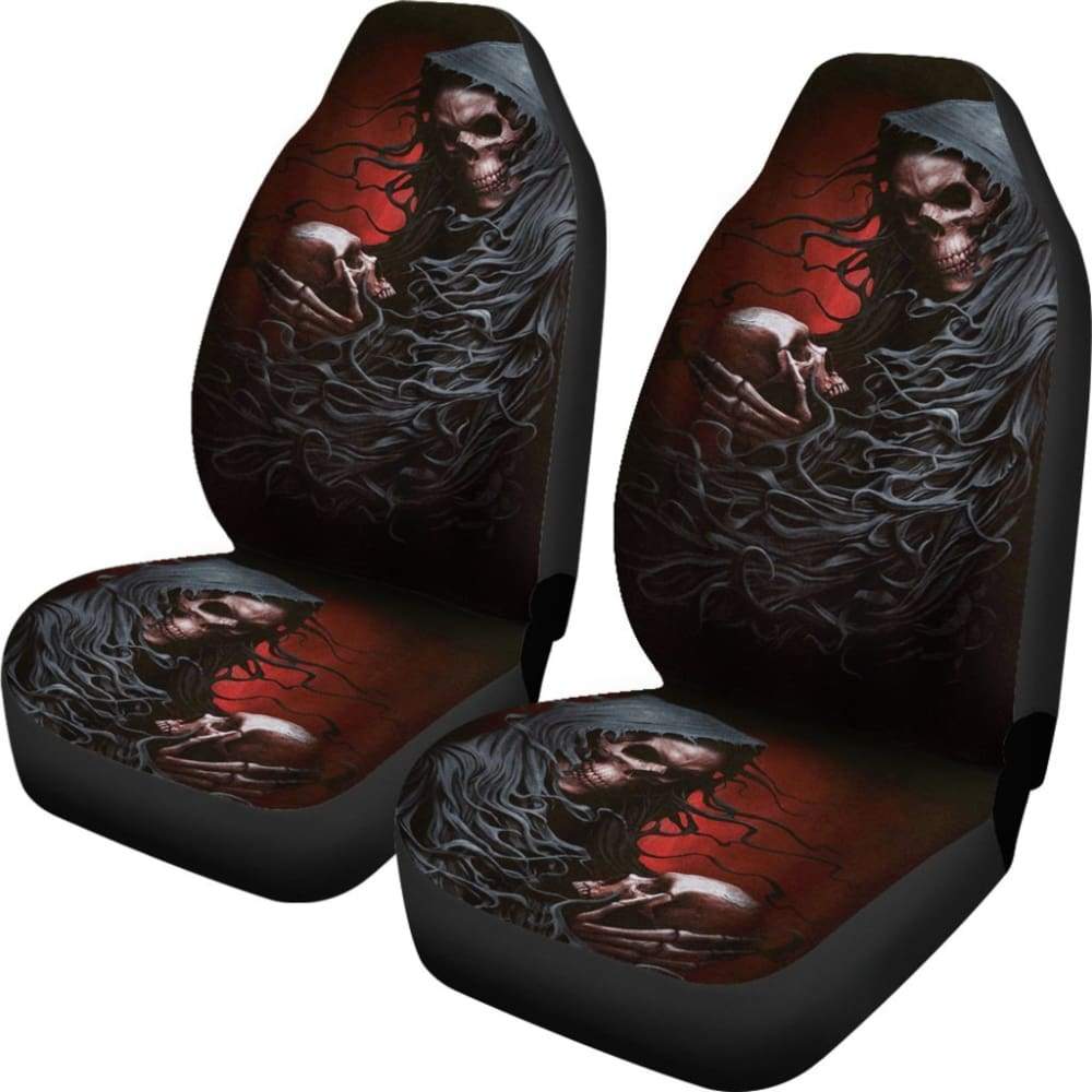 2 Pcs Gothic Skull Car Seat Covers - Universal Fit for Cars, Trucks & SUVs - Black PU Leather with Skull Design - Perfect for Halloween, Gothic Style & Car Accessories
