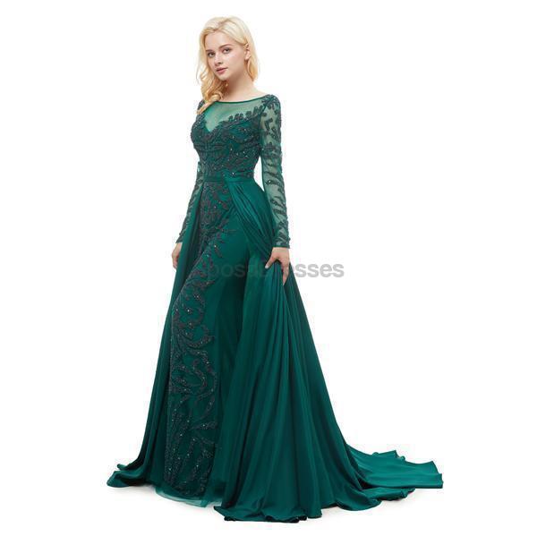 Emerald Green Long Sleeve Beaded Prom Dress for Women - Elegant Evening Gown for Formal Parties, Homecoming, and Special Occasions