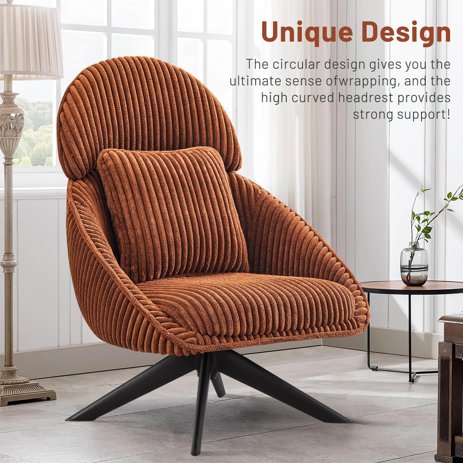 Furniliving Large Swivel Accent Chair - Modern Upholstered Armchair with Pillow & Headrest - Comfy Corduroy Living Room, Bedroom & Office Chair - Perfect for Relaxing, Reading & Working - Orange
