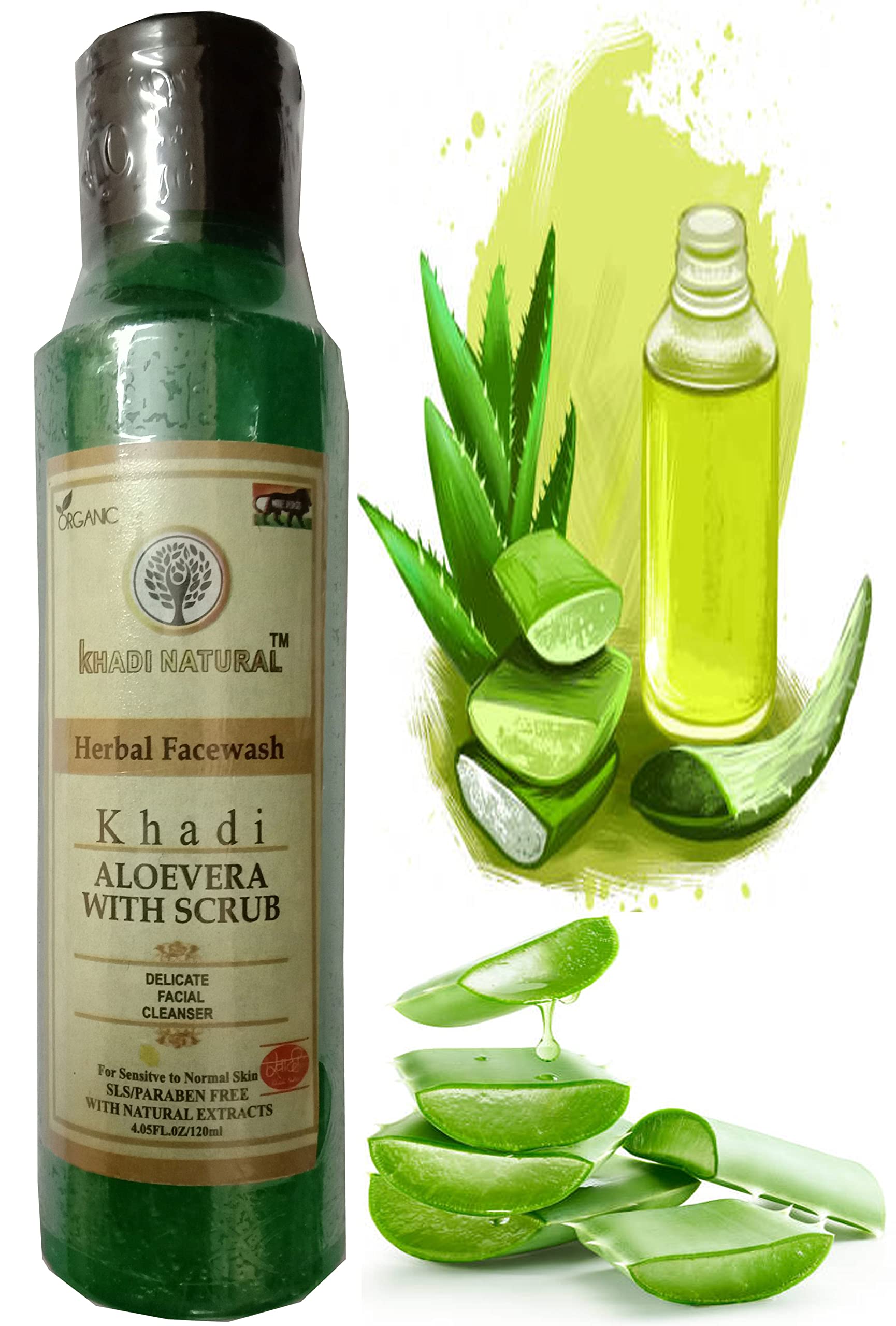 KHADI ORGANIC 100% Pure Natural Face Wash with Aloe Vera & Scrub | SLS & Paraben Free | 120ml | Gentle Exfoliation for Clear, Glowing Skin | Perfect for Daily Skincare Routine & Sensitive Skin Types