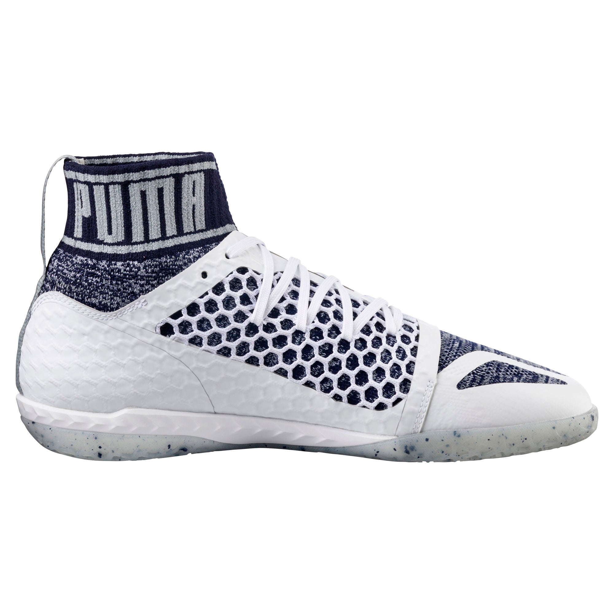 PUMA 365 evoKNIT NETFIT CT Indoor Soccer Shoes for Men - Lightweight Breathable Football Cleats in White Peacoat Quarry - Perfect for Indoor Training & Futsal Matches