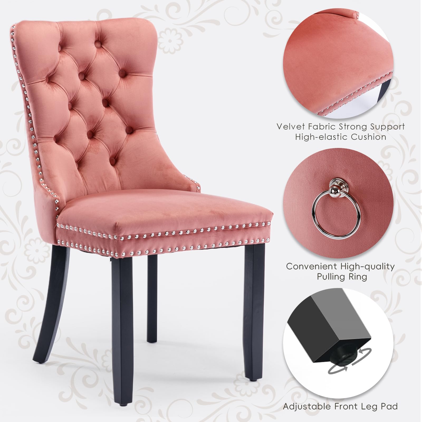 Luxury Velvet Upholstered Dining Chairs Set of 4 - Modern Kitchen Side Chairs with Nailhead Trim & Solid Wood Legs - Metal Pulling Ring for Dining Room, Living Room, Home Office - Soft Pink Velvet Seating (4-Piece Set) - Perfect for Modern Homes, Restaurants & Wedding Decor