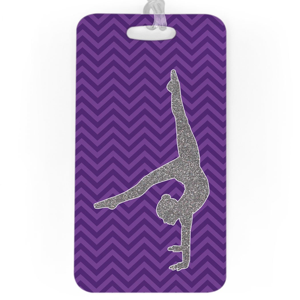 Custom Purple Faux Glitter Chevron Gymnastics Luggage Tag - Large Personalized Bag Tag with ID Info - Perfect for Travel, Sports Competitions & Gym Bags