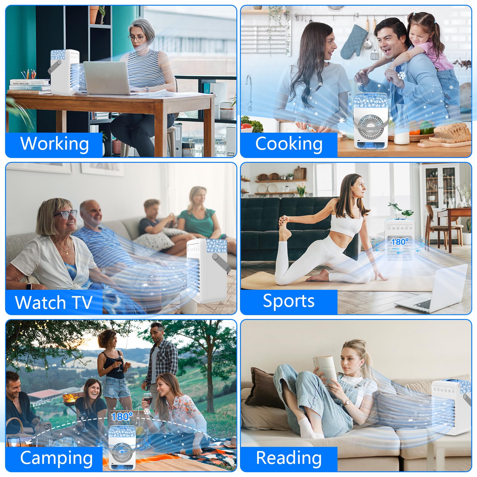 Portable Air Conditioner with 180° Oscillation - 4 Wind Speeds, Built-in Ambient Light & Large Water Tank - Mini AC Unit for Room, Kitchen, Office, Desk - Perfect for Home, Work & Outdoor Use