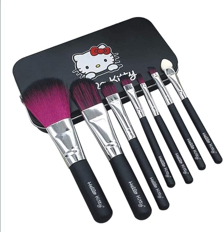 Soft Bristle Makeup Mini Brush Kit with Hello Kitty Print Storage Box | 7-Piece Makeup Blending Brush Set for Eyeshadow, Foundation & Contouring - Perfect for Travel & Professional Makeup Artists (Black)