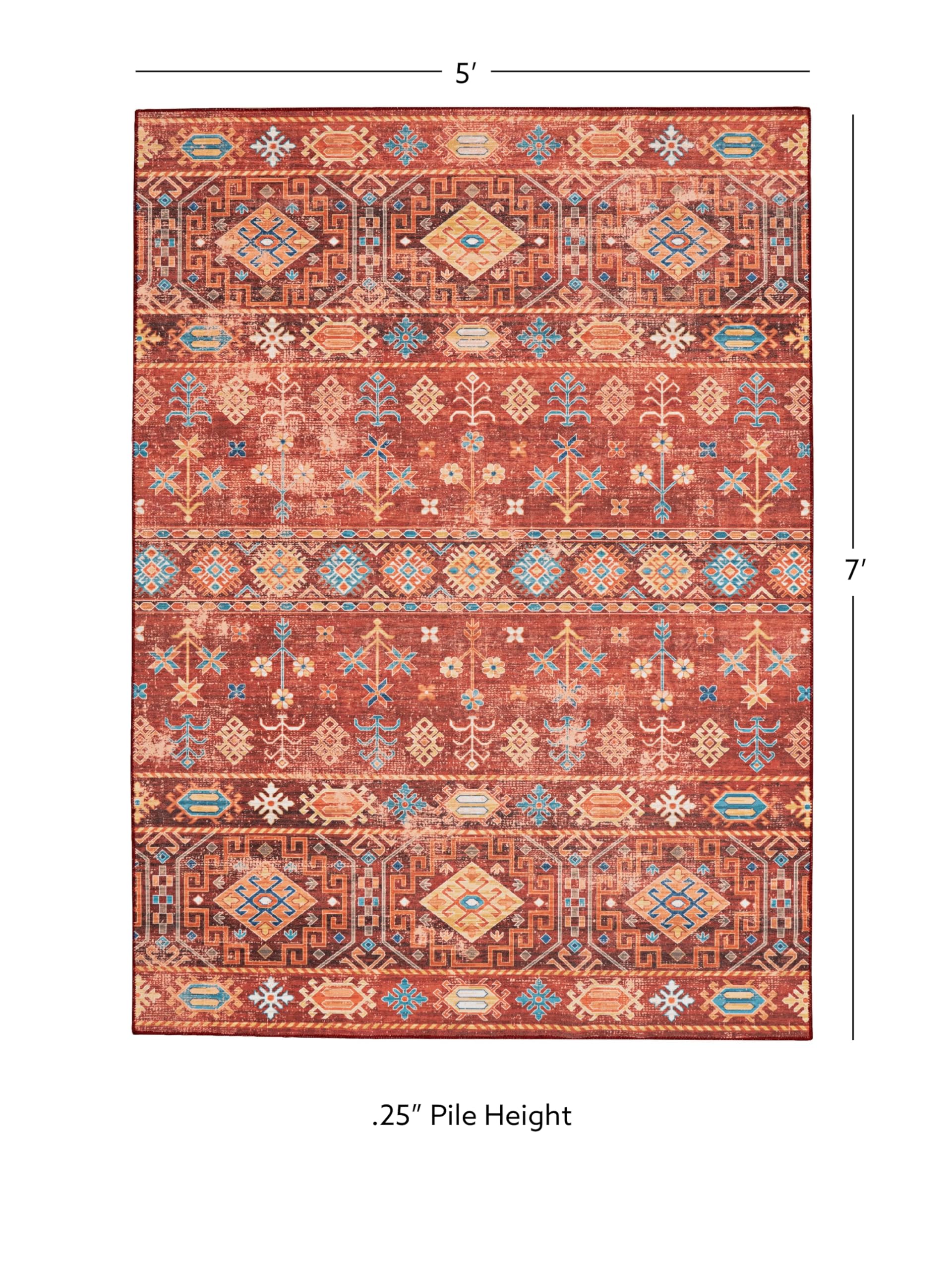 Linon Joelle Washable Area Rug 5x7 Feet - Red & Ivory Indoor/Outdoor Decor - Perfect for Living Room, Bedroom, Patio & Entryway