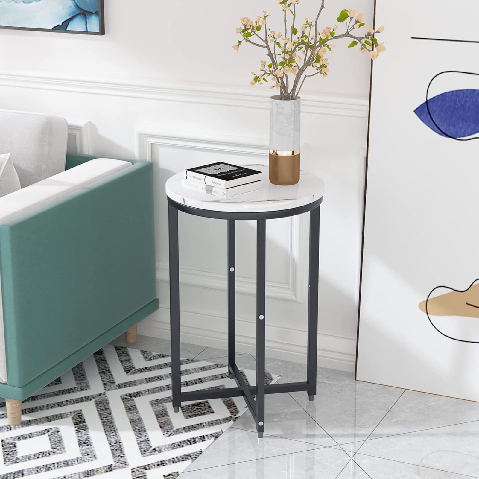 Modern End Table Set of 2 - Faux Marble Top Side Tables with Sturdy Metal Frame - Small Coffee & Snack Tables for Living Room, Bedroom, Balcony - Perfect Accent Tables for Small Spaces & Home Decor