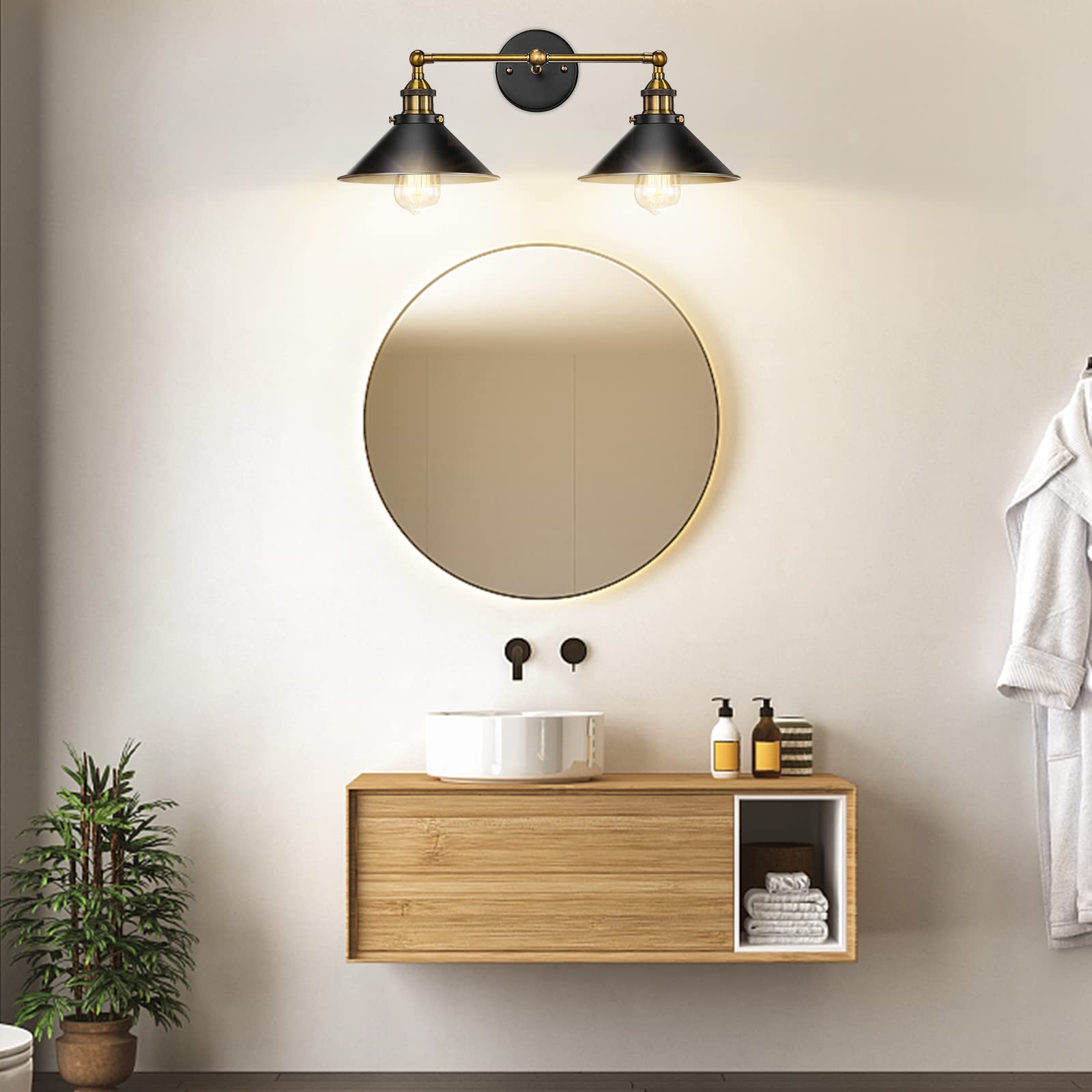 2-Light Black Farmhouse Bathroom Vanity Light Fixture - Industrial Wall Sconce with Gold Accents for Mirror Lighting | Perfect for Bathroom, Kitchen Cabinet & Dressing Room Décor