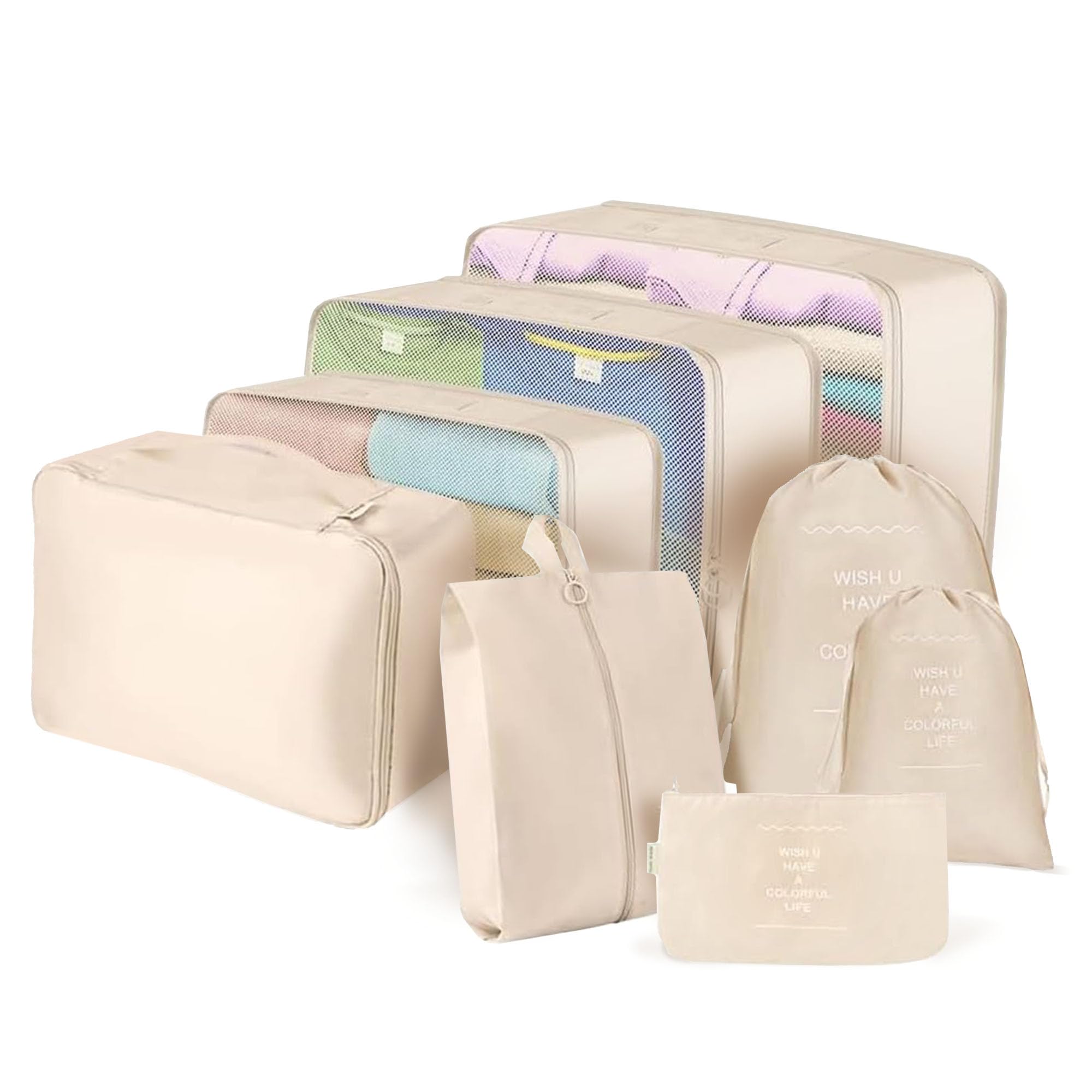 RORMI 7-Piece Packing Cubes Set with Zipper - Travel Luggage Organizer for Clothes, Shoes & Laundry Bags (Beige) | Perfect for Business Trips, Vacations & Weekend Getaways