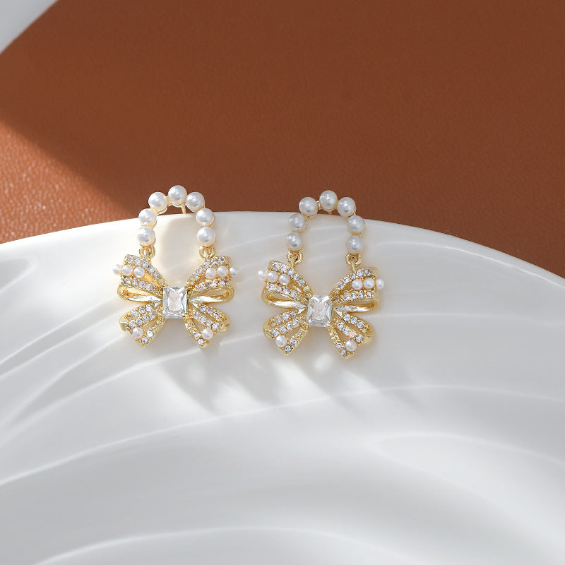 Sweet Pearl Bow Ribbon Drop Earrings for Women - Elegant Dangle Jewelry Gift for Brides, Prom, Party & Special Occasions | A7908