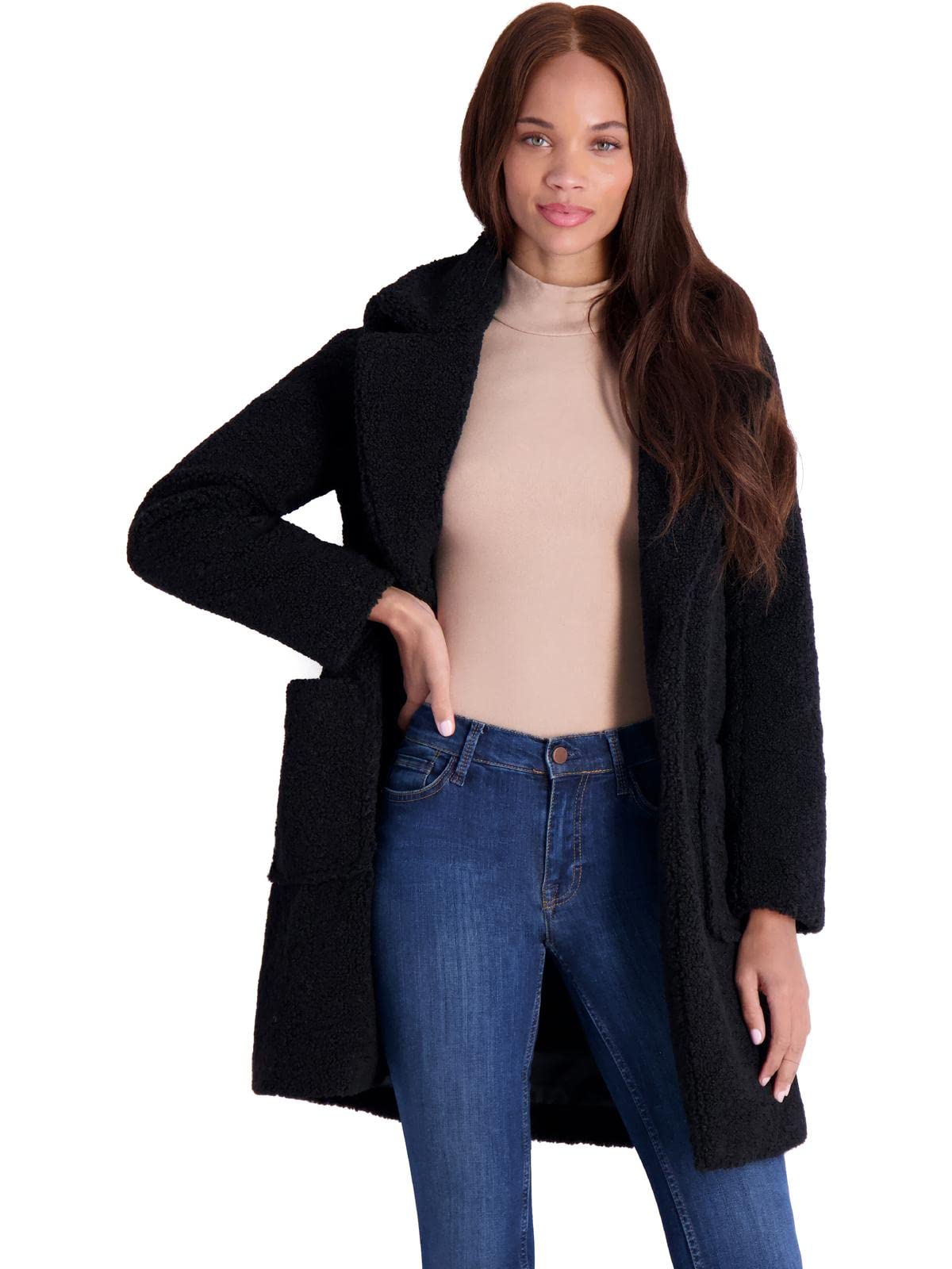 French Connection Women's Faux Shearling Teddy Lapel Midi Coat - Warm Winter Jacket for Casual Outings & Date Nights