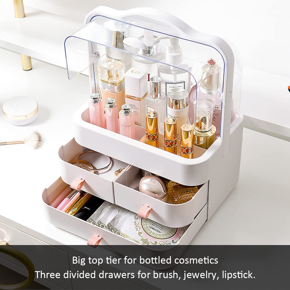 Makeup Organizer - Dustproof Cosmetic Storage Box with Portable Handle & Waterproof Lid for Bathroom, Bedroom, Vanity | Travel-Friendly Beauty Case for Makeup Brushes, Lipsticks & Skincare Products (White)