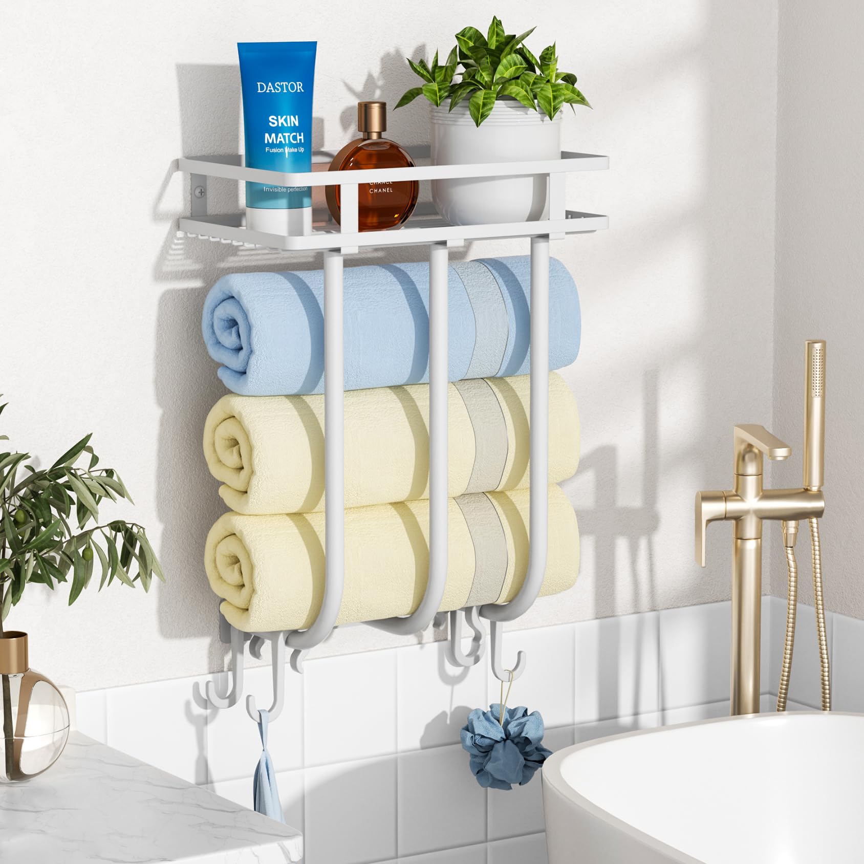 Stainless Steel Wall Mounted Bathroom Towel Rack with 4 Hooks & Shelf - Space Saving Towel Holder Organizer for Small Bathrooms (Holds 3 Large Rolled Towels, White) - Perfect for Bathroom, Laundry Room & Spa Decor