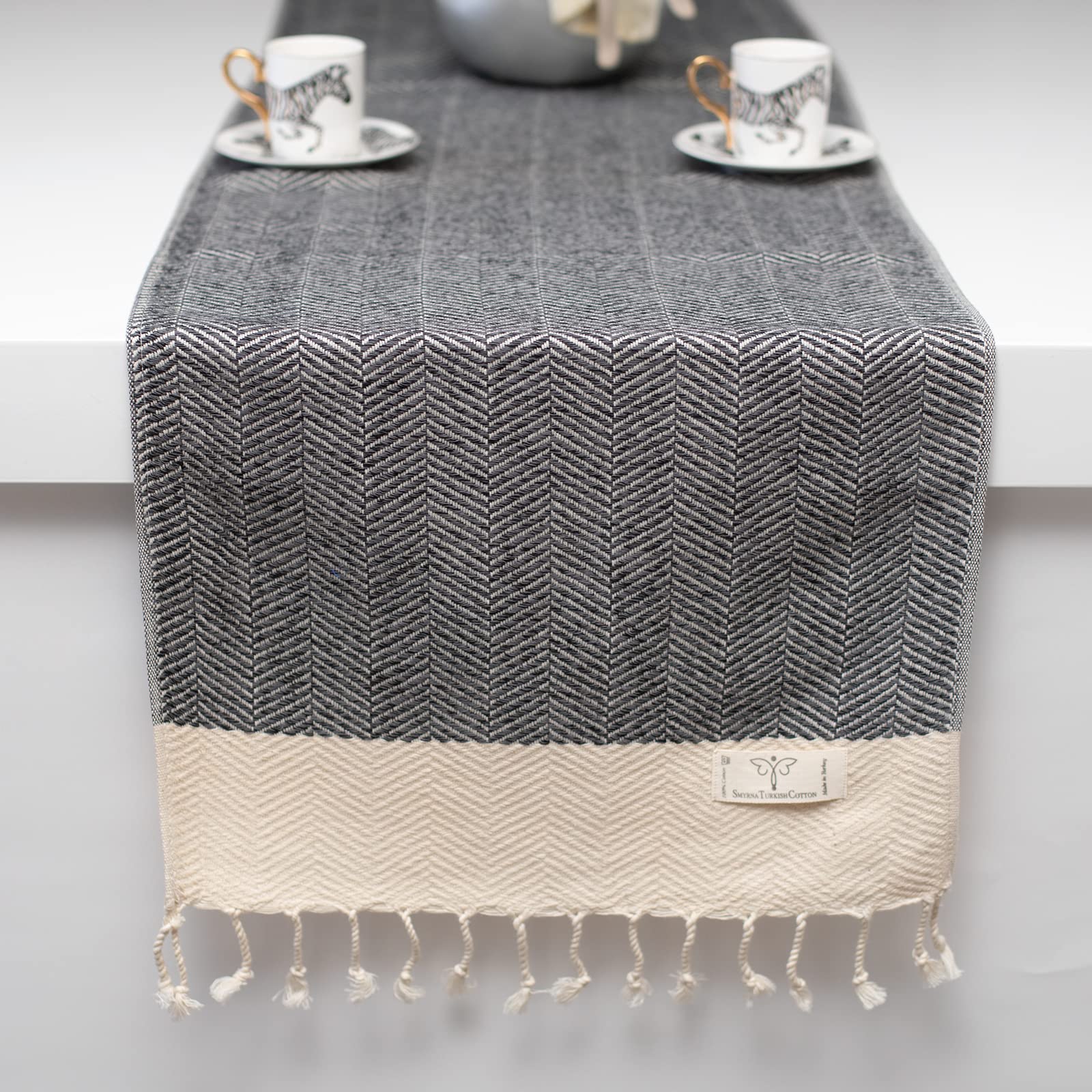 Premium Smyrna Herringbone Turkish Table Runner – 100% Cotton, 15x72 Inches – Vintage Farmhouse & Bohemian Style for Dining Table Decor, Wedding Centerpiece, and Rustic Home Accents (Dark Gray)