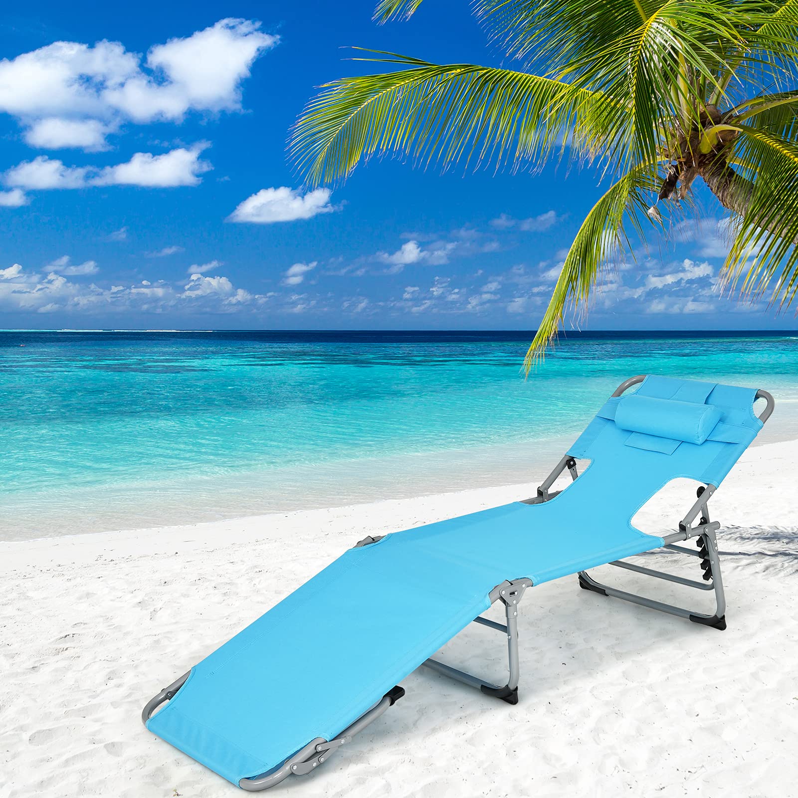GYMAX Folding Tanning Chair with Adjustable Backrest - Portable Beach Lounger with Face Hole, Arm Holes, Side Pocket & Carry Handle - Outdoor Sunbathing Chair for Patio, Poolside, Lawn, Backyard & Beach (Turquoise) - Perfect for Relaxing, Sunbathing & Outdoor Lounging