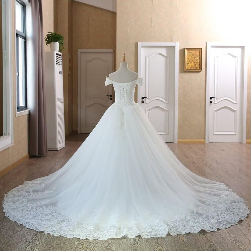 XYAYE Off Shoulder Lace Tulle Wedding Dress for Bride - Puffy Ball Gown with Long Train | Elegant Bridal Gowns for Church, Beach & Outdoor Weddings