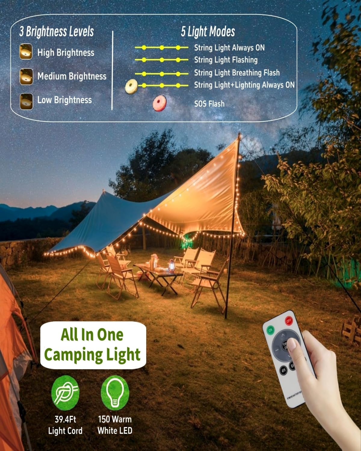 Solar Powered Camping String Lights - 39.4FT 150LED Waterproof Fairy Lights with Remote Control | USB Rechargeable Outdoor Tent Lantern for Hiking, Backyard, Garden & Patio Decor | Perfect for Camping, Picnics & Outdoor Parties