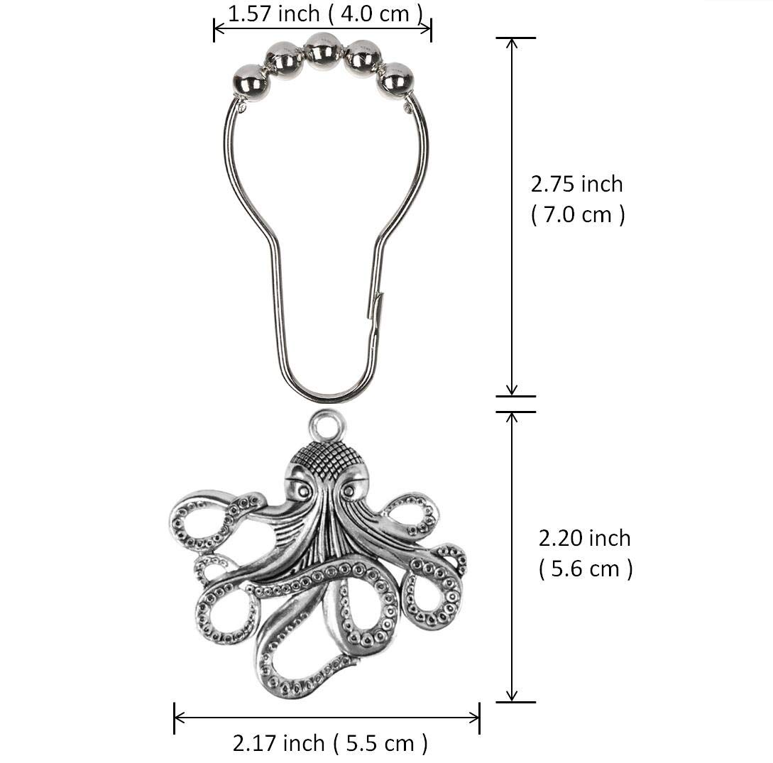 Silver Metal Octopus Shower Curtain Hooks & Rings - Decorative Bathroom Hangers for Ocean/Beach Theme Decor, Tropical Sea Bathroom Accessories Set - Perfect for Coastal, Nautical & Beach House Bathrooms