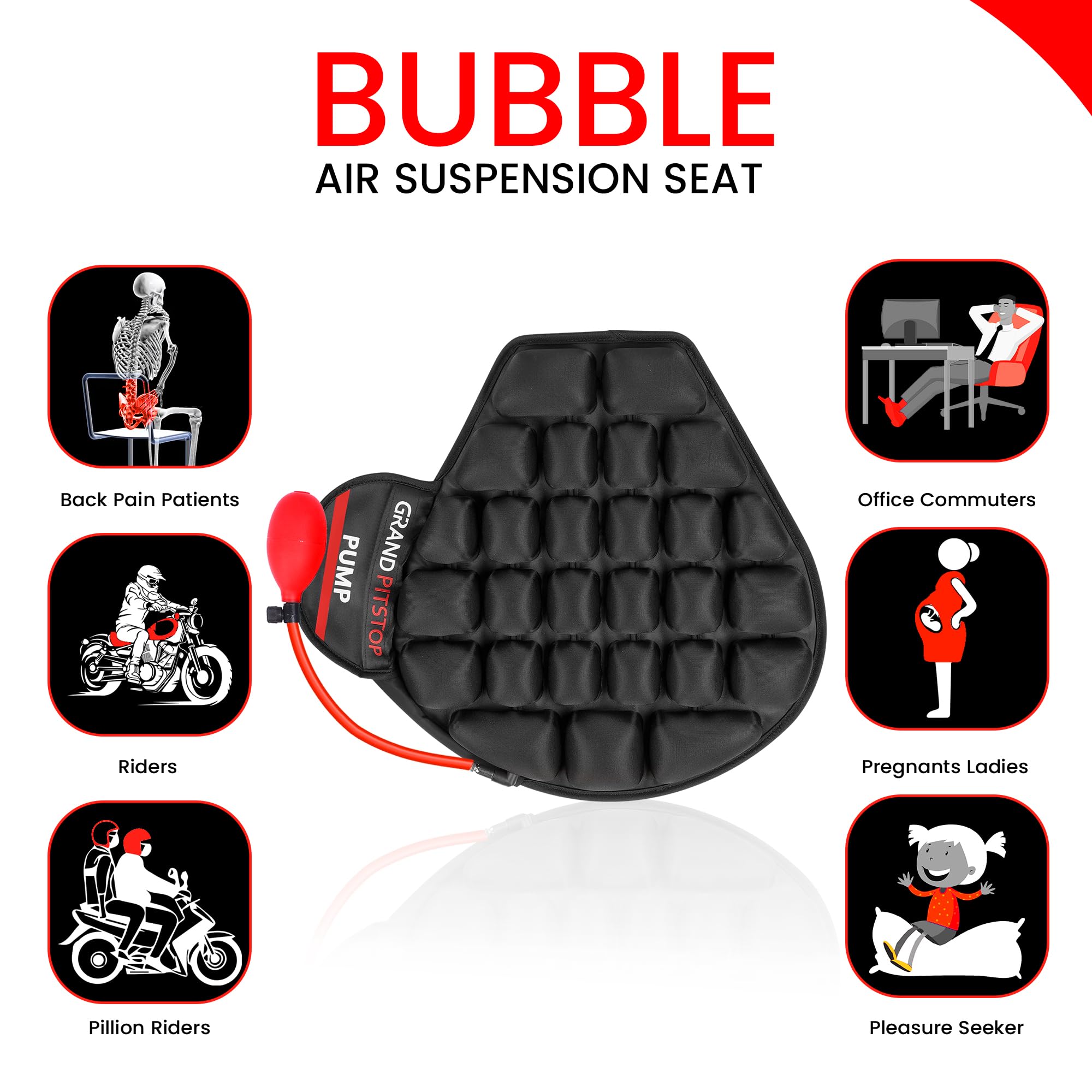 GRAND PITSTOP Motorcycle Air Seat Cushion with Pump - Inflatable Bubble Pad with Breathable Mesh Cover & Anti-Slip Base for Cruiser Bikes - Long Ride Comfort for Harley, Honda, Yamaha Motorcycles