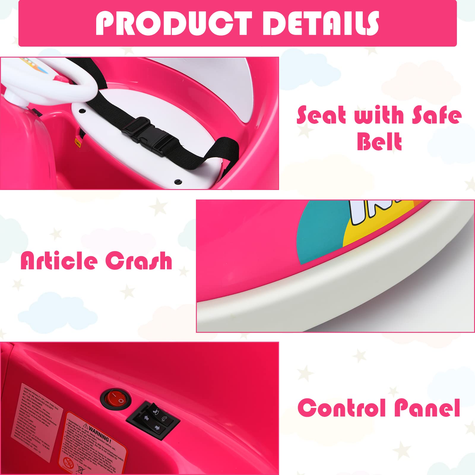 INFANS 6V Kids Electric Ride On Car with Remote Control - 360° Spin, LED Lights, Bluetooth Music & 2 Driving Modes - Rechargeable Battery Powered Bumper Toy for Boys & Girls (Rose) - Perfect for Indoor/Outdoor Play, Birthday Gifts & Toddler Entertainment