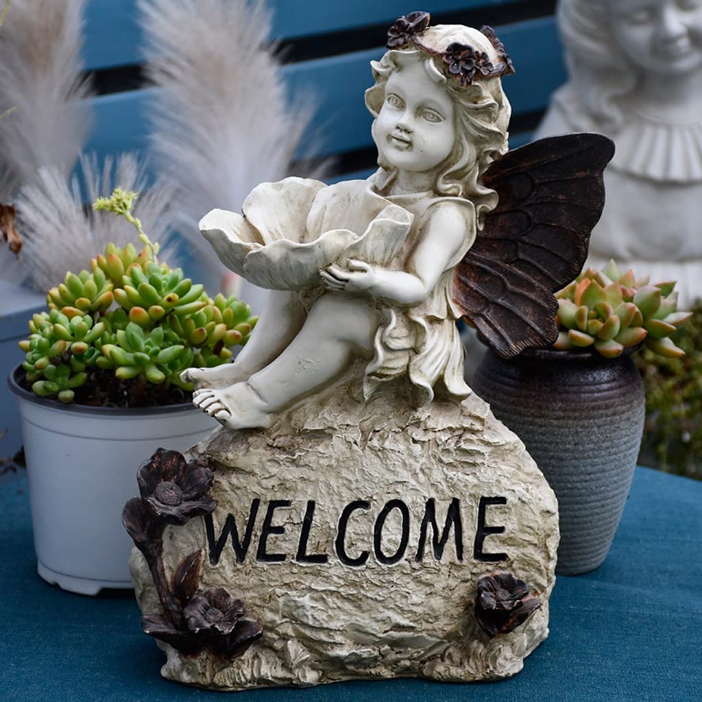 Vintage Garden Angel Statue - Outdoor Lawn Decor, Retro Flower Fairy Ornament with Welcome Card for Courtyard, Patio & Yard Decoration | Perfect for Garden, Wedding & Home Décor