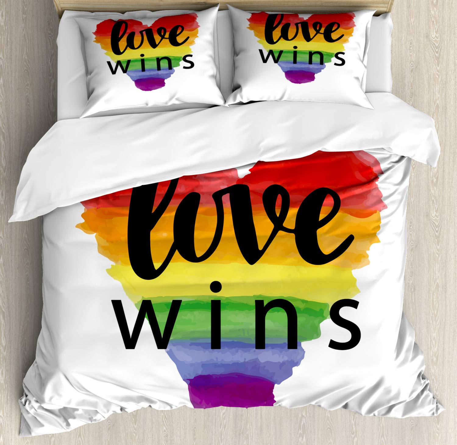 Ambesonne Pride Duvet Cover Set - Watercolor Heart Print with 'Love Wins' Gay Rights Slogan | 3-Piece Bedding Set with 2 Pillow Shams | California King Size | Multicolor Rainbow Design | Perfect for LGBTQ+ Pride Month Decor & Modern Bedroom Styling