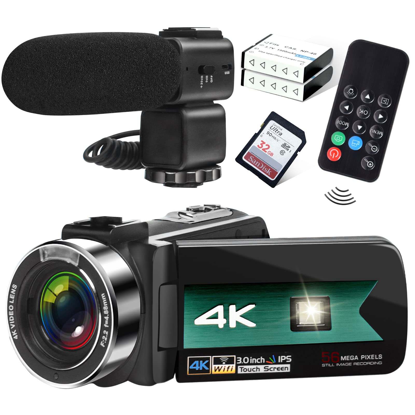 4K 56MP Digital Video Camera with Microphone - Ultra HD Camcorder, 16X Digital Zoom, Night Vision & IPS Screen - Perfect for YouTube Vlogging, Travel Filming & Home Movies - Includes 2 Batteries