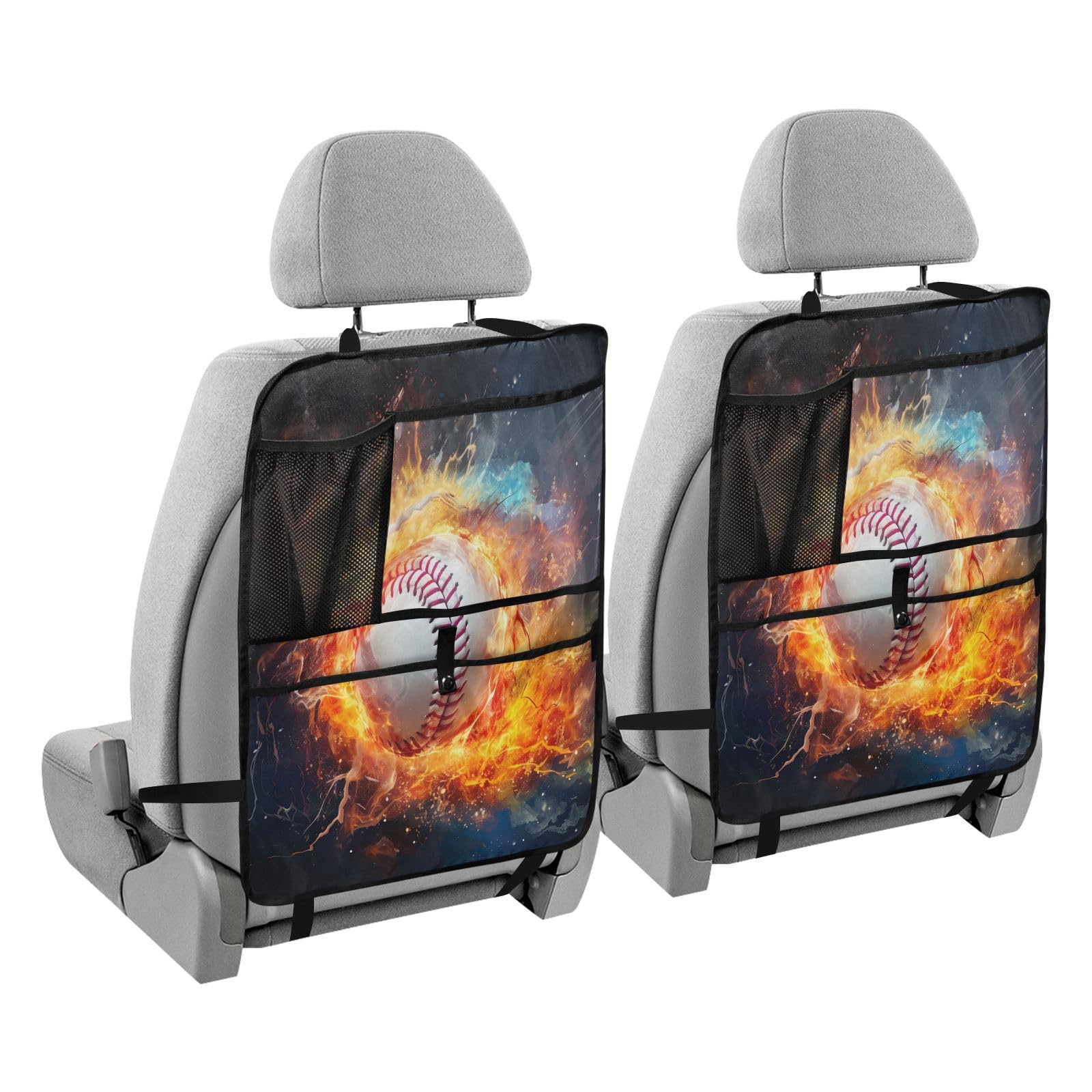 Black Fire Baseball Car Seat Protector with Storage Pockets - Back Seat Organizer & Kick Mats for Vehicles - Perfect for Kids, Pets & Travel Accessories