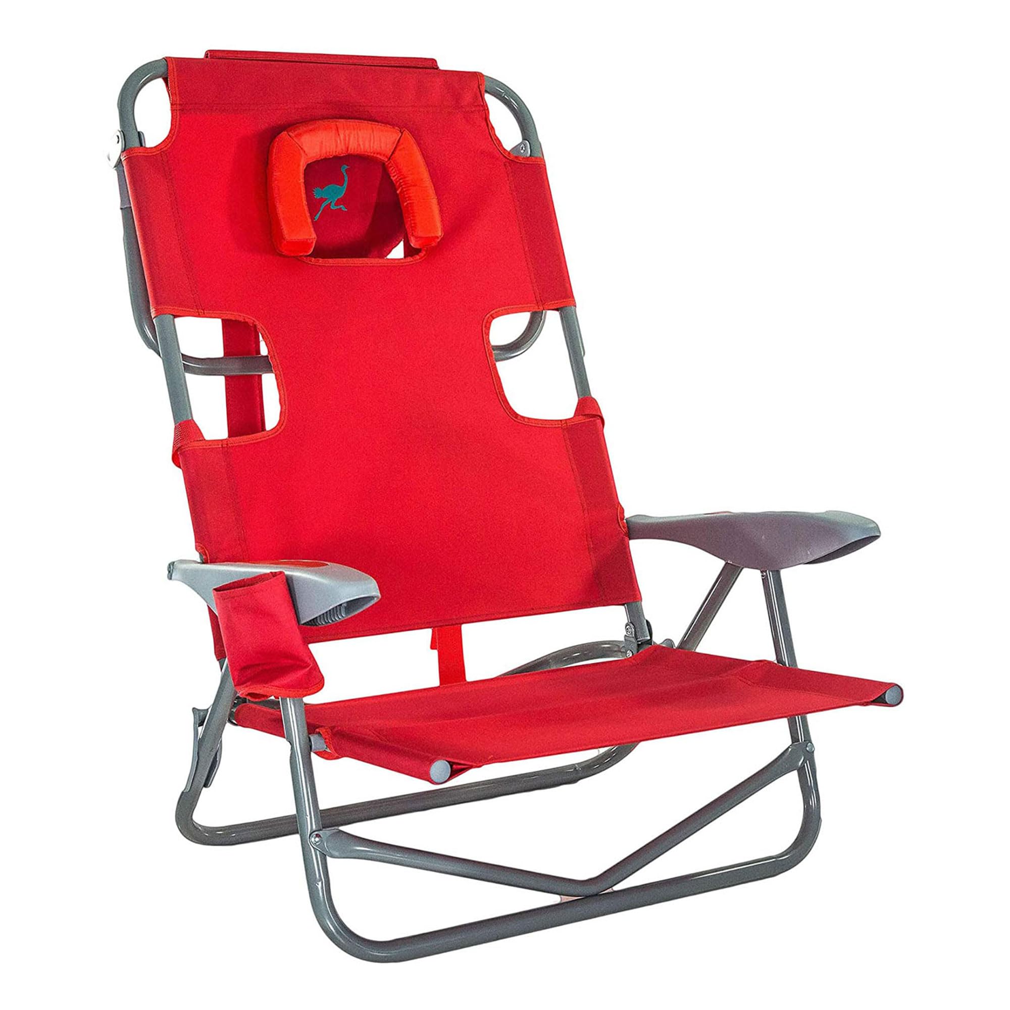 Ostrich Chaise Folding Steel Frame Beach Lounger - 5 Position Adjustable Reclining Outdoor Camping Lawn Chair with Portable Carry Strap - Perfect for Beach, Poolside, Backyard & Picnic (Red)