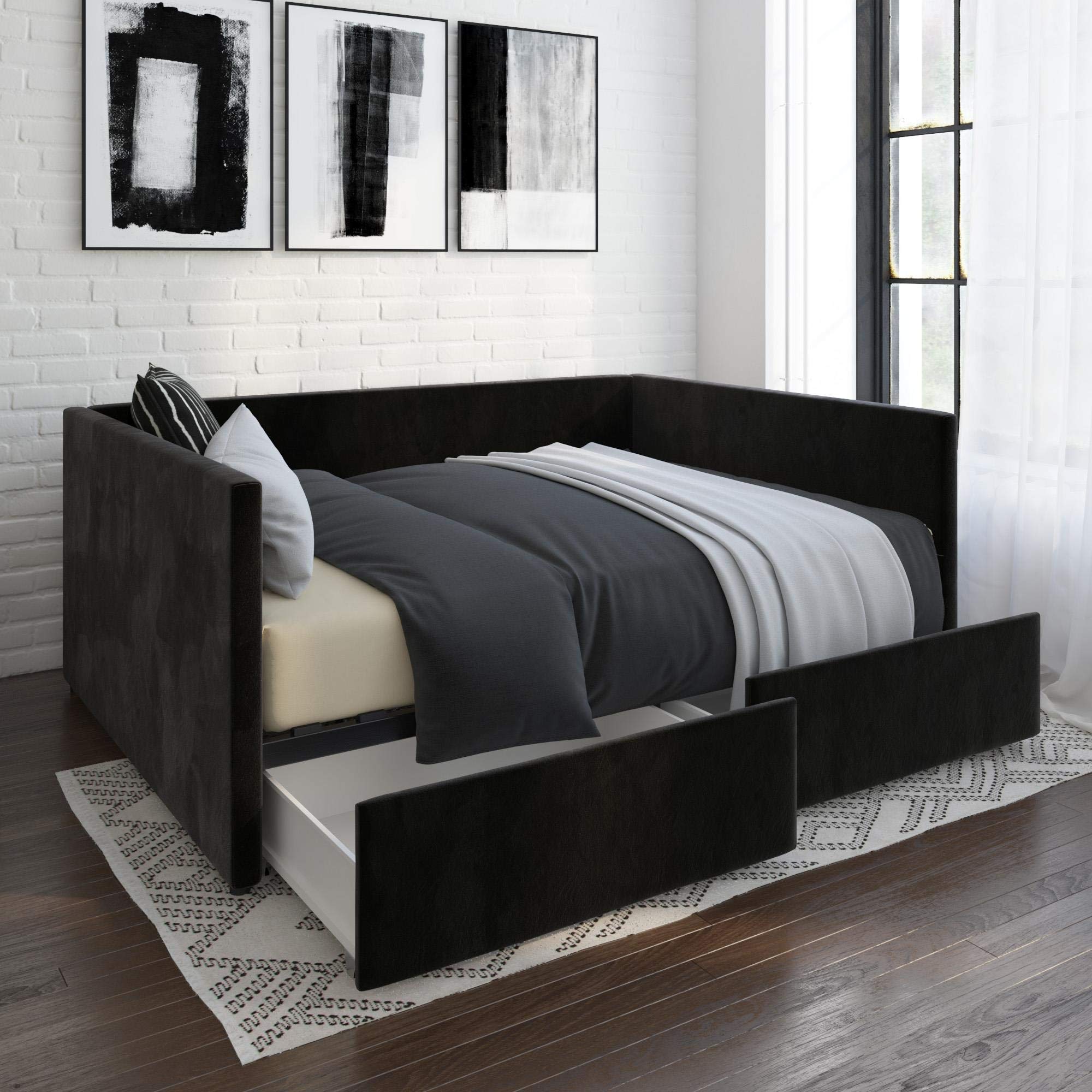 DHP Theo Full Size Daybed with Storage Drawers - Black Velvet Upholstered Sleeper Sofa for Guest Room, Dorm & Small Space Living