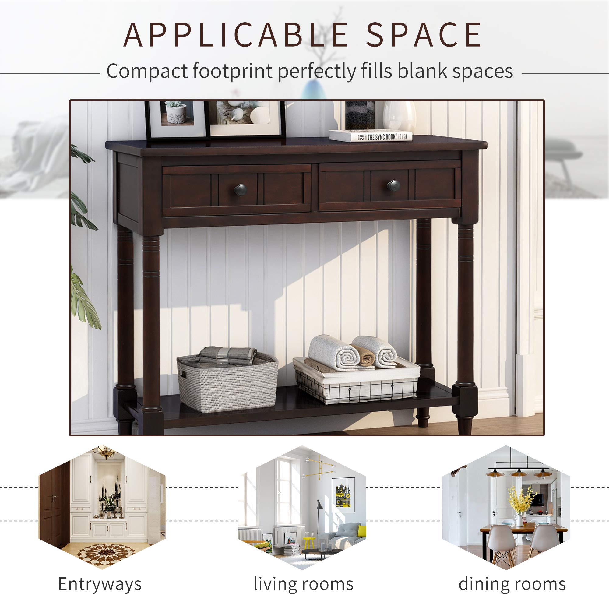 HOUAGI Narrow Console Table with 2 Drawers & Bottom Shelf - Daisy Series Sofa Table for Entryway, Hallway & Living Room - Easy Assembly Espresso Wooden Hall Table - Perfect for Small Spaces, Home Decor & Apartment Furnishing