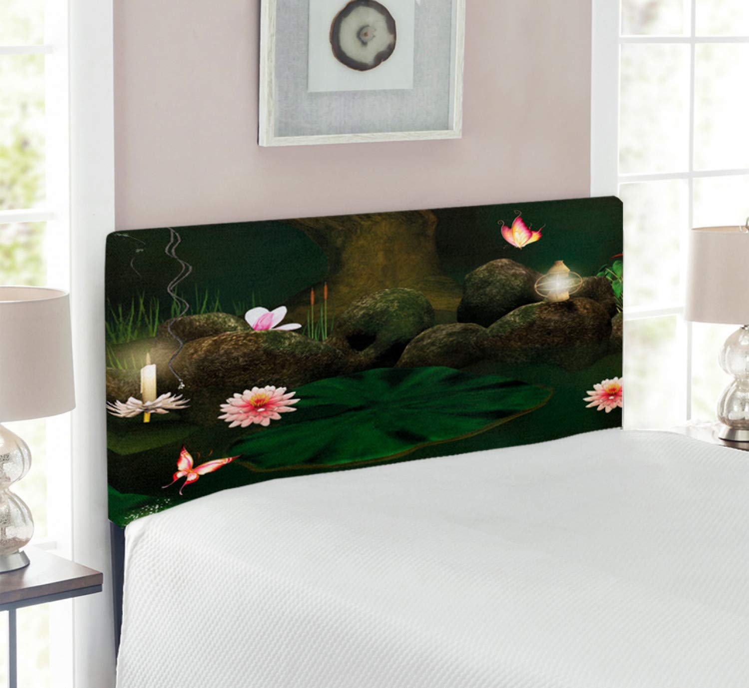 Ambesonne Magic Headboard - Mystical Forest Design with Butterflies & Flowers, Upholstered Metal Bed Headboard with Memory Foam, Twin Size, Green & Brown - Perfect for Bedroom Decor & Gothic Style Homes