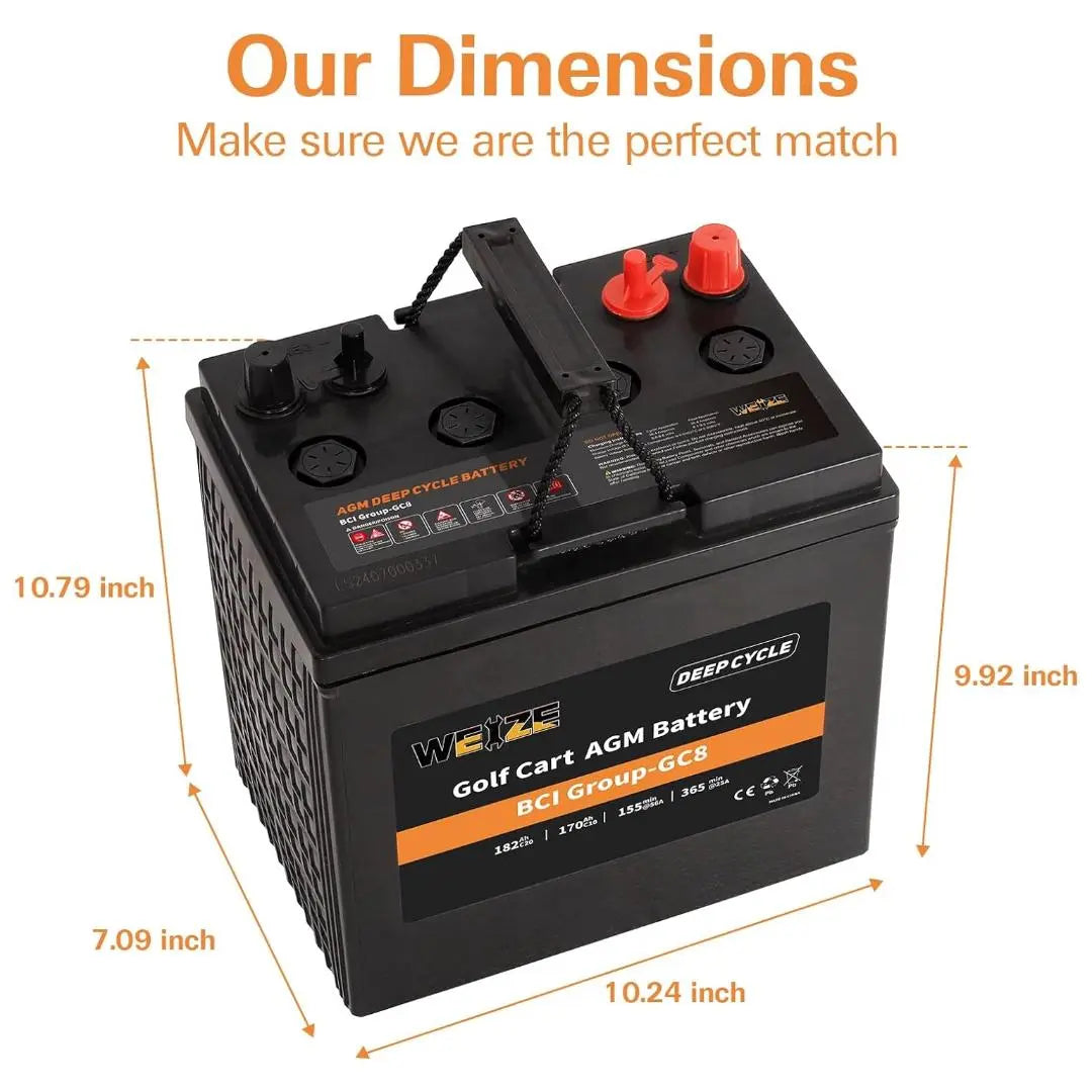 WEIZE 8V 182AH BCI Group GC8 AGM Deep Cycle Battery for Golf Carts, Electric Vehicles & Solar Power Storage - Durable & Maintenance-Free Power Solution