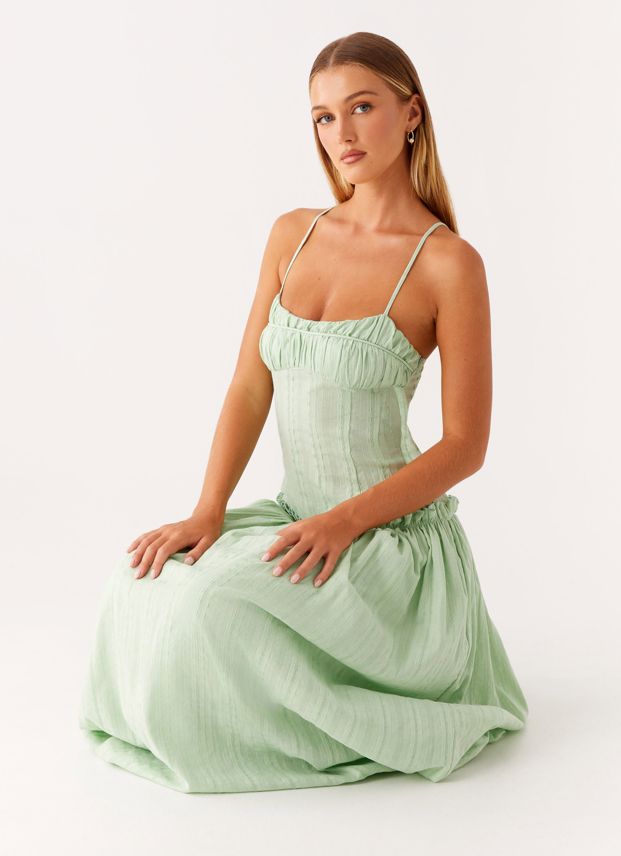 Jacinda Drop Waist Maxi Dress in Sage Green - Elegant Flowy Long Dress for Women, Perfect for Weddings, Parties & Summer Vacations