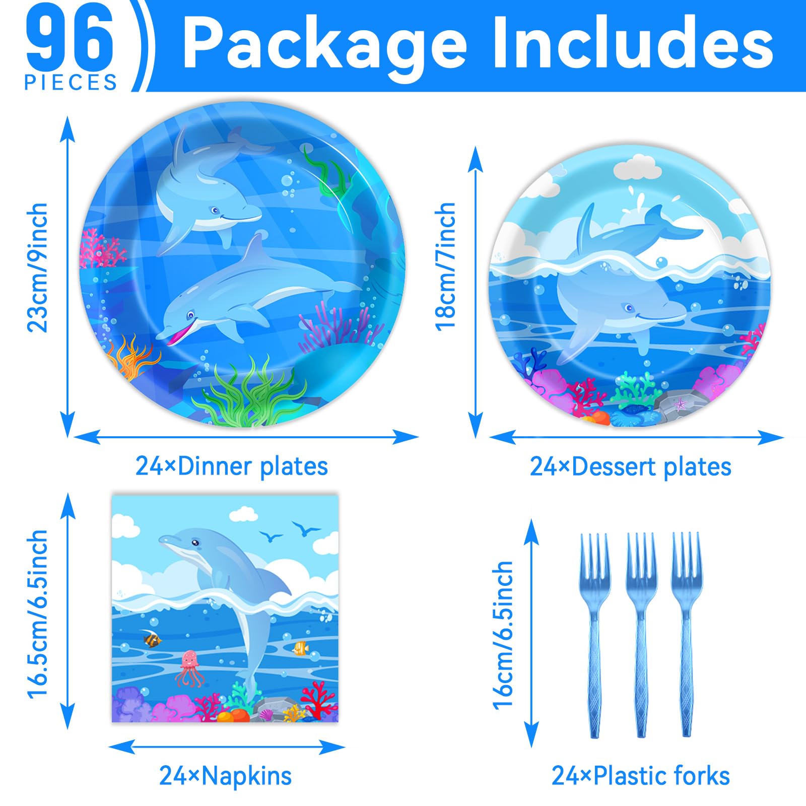 96 Pcs Dolphin Party Supplies Set - Ocean Themed Disposable Plates, Napkins, Forks - Blue Under the Sea Birthday Party Decorations for Baby Shower, Dessert Tableware (Serves 24 Guests) - Perfect for Beach Parties, Nautical Events & Kids Birthday Celebrations