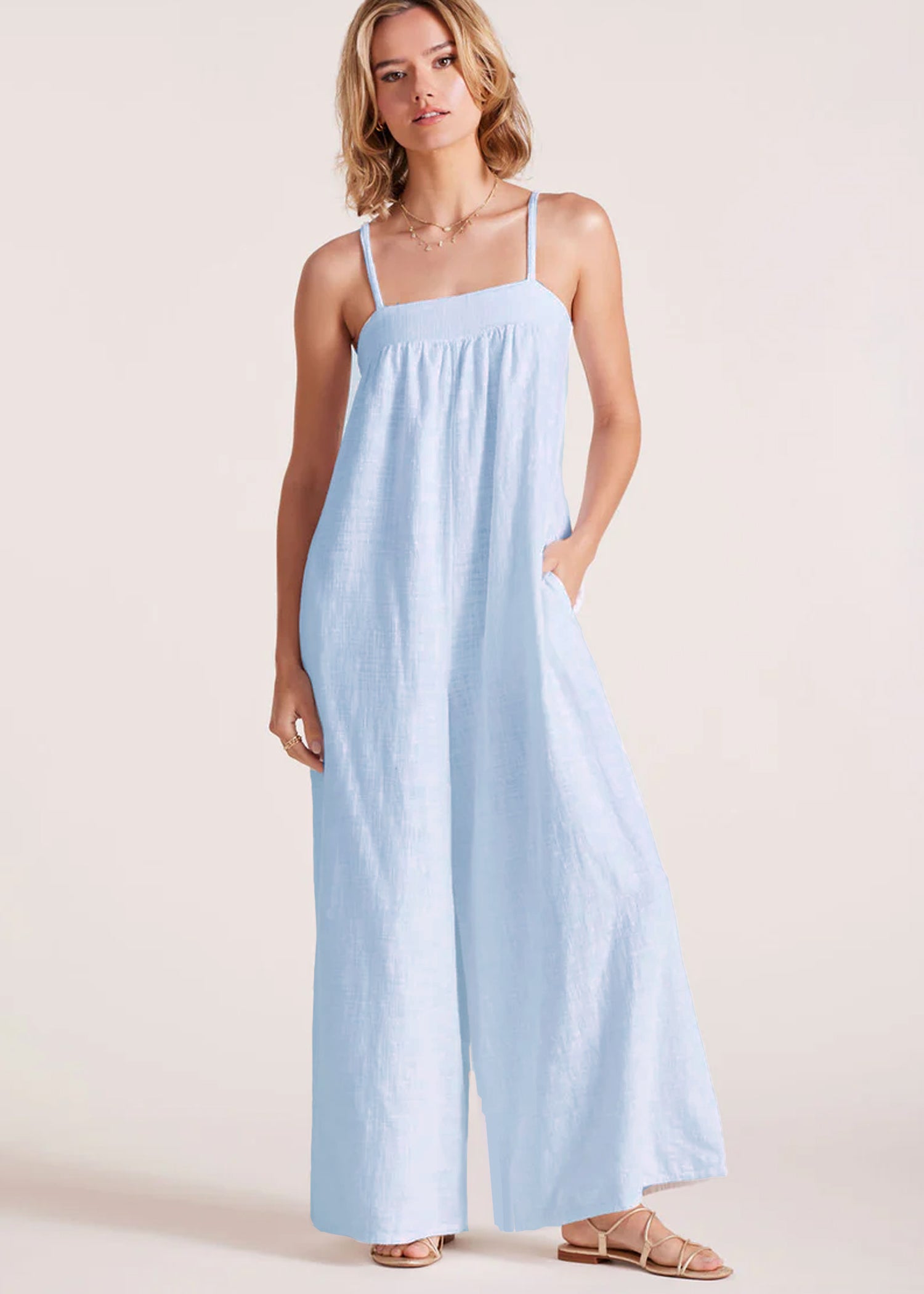 Powder Blue Square Neck Wide Leg Jumpsuit for Women | Bobi | Casual Summer Outfit, Beach Wear & Vacation Fashion