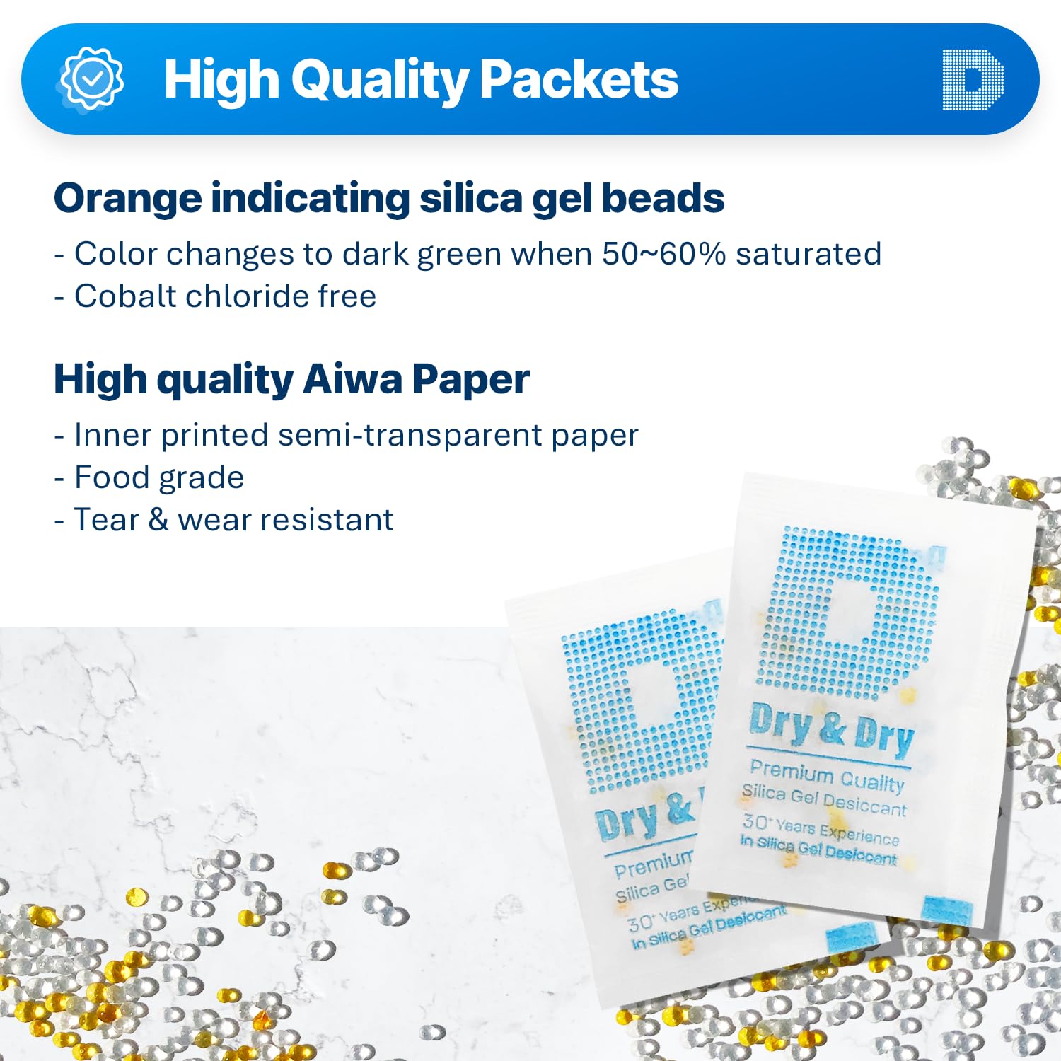 Dry & Dry 5 Gram [50 Packets] Orange Indicating Silica Gel Packets - Food Safe Desiccants for Moisture Control | Ideal for Food Storage, Spice Jars, Medication Containers & Electronics Protection