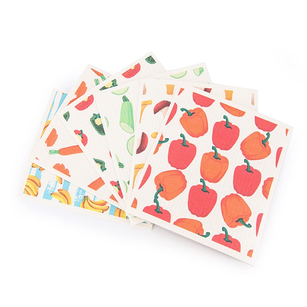 **Eco-Friendly Swedish Dishcloths - 6 Pack Reusable Sponge Cloths for Kitchen Cleaning, Dishes & Countertops (Vegetable Print) - Sustainable & Absorbent Dish Rags for Eco-Conscious Homes**