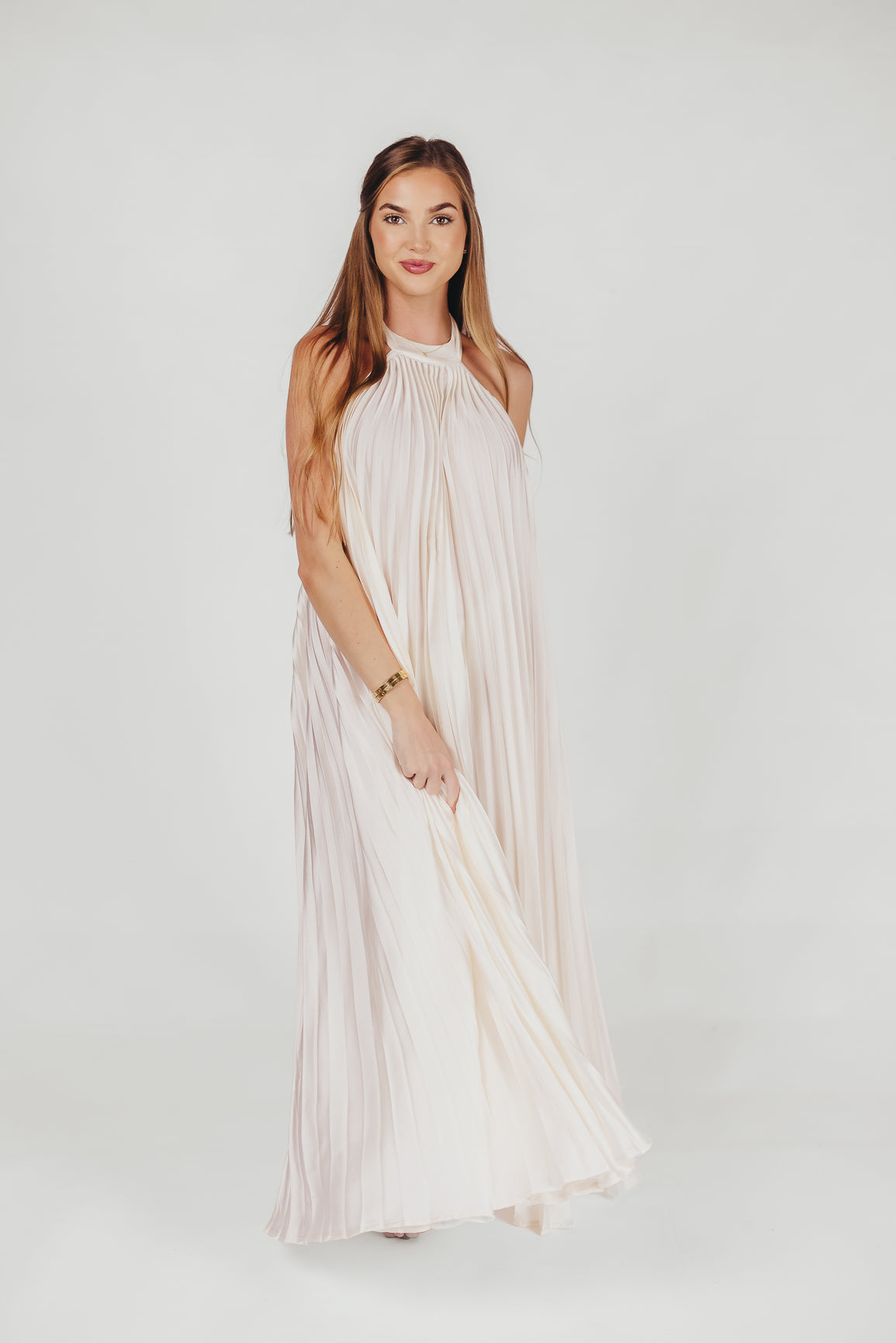 Maren Pleated Halter Maxi Dress in Cream | Bump Friendly Maternity Dress | Perfect for Baby Showers, Beach Vacations & Summer Weddings