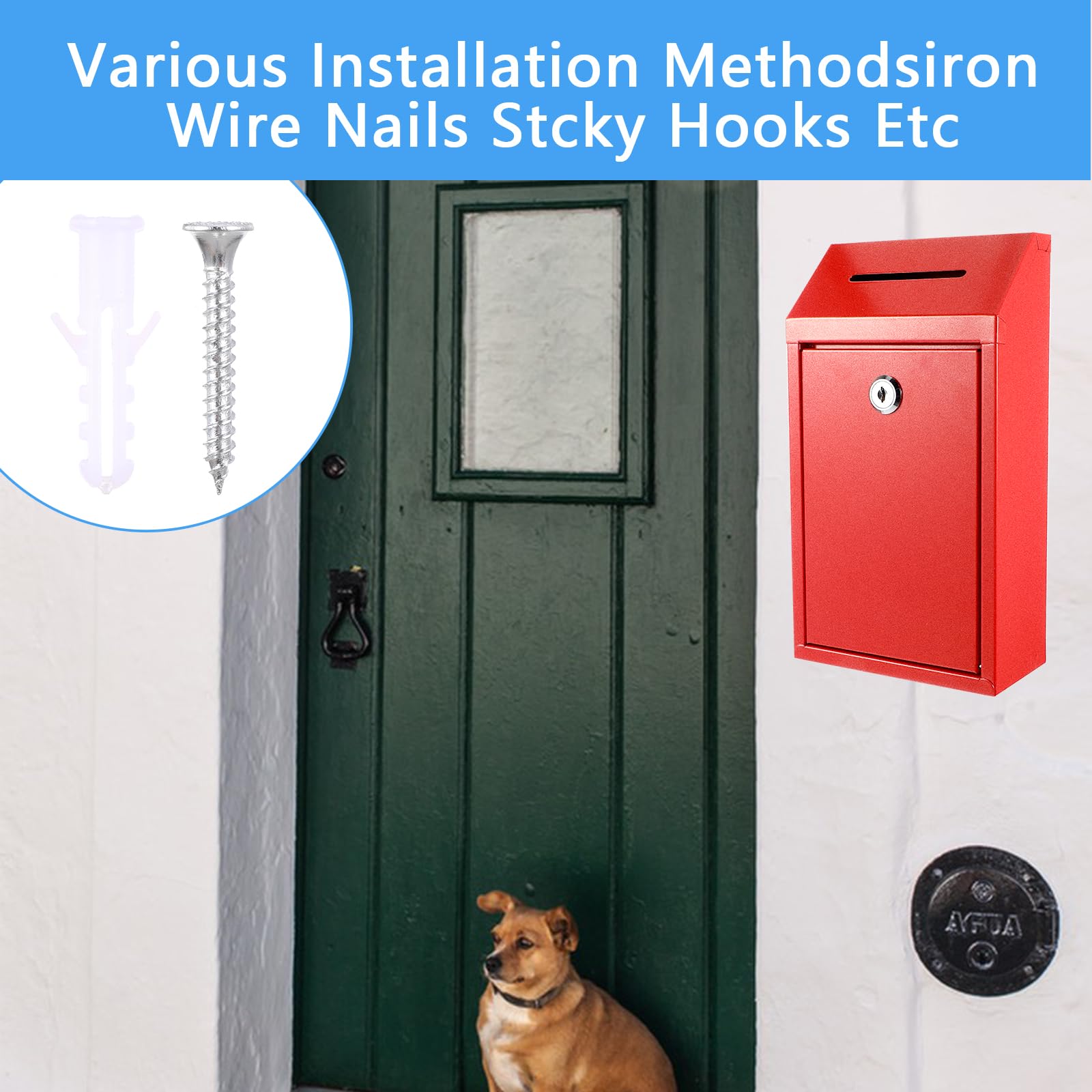 Secure Metal Locking Donation Box with Key - Wall Mounted Suggestion, Mail & Ballot Drop Box for Home, Office & Outdoor Use, 10.24 x 8.66 x 3.15 Inches (Red) - Perfect for Secure Document Collection, Voting & Key Exchange